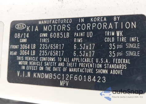 2015 Kia Sedona Lx z USA, uszkodzony, nr VIN KNDMB5C12F6018423